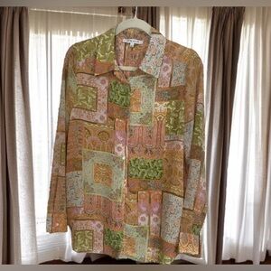 Rose & Olive Multicolor Patchwork Silk Long Sleeve Blouse.